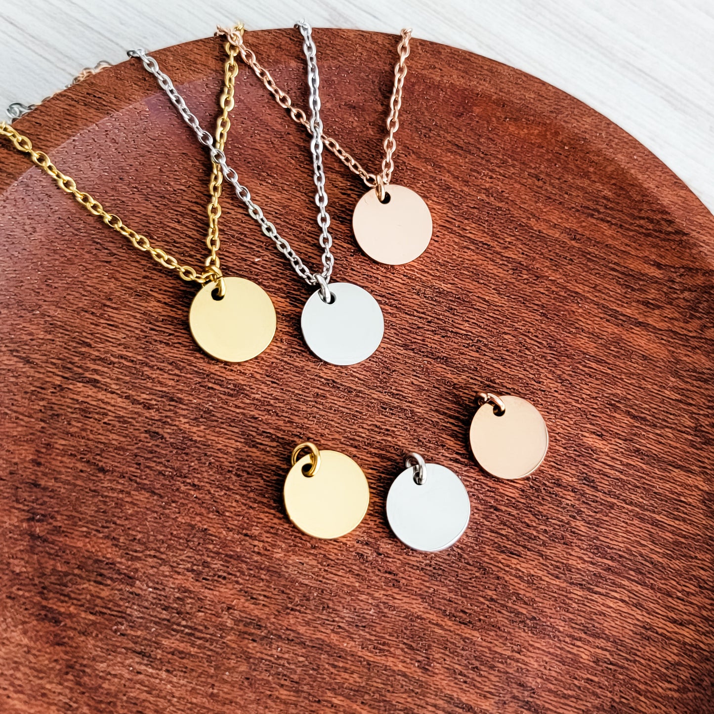 10mm Disc Necklace (Silver, Gold, or Rose Gold) and Optional Extra Discs, Metal Blank #133