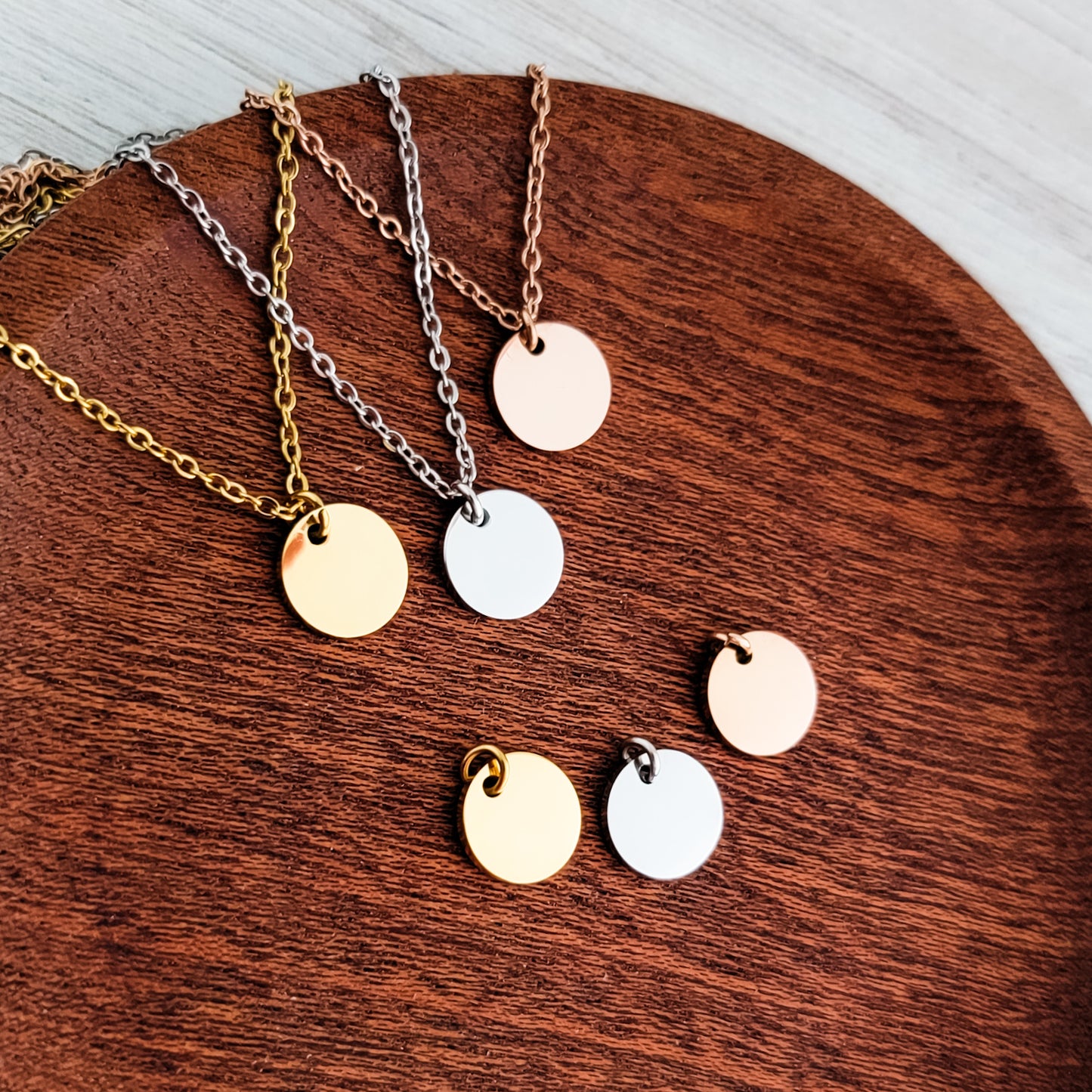 10mm Disc Necklace (Silver, Gold, or Rose Gold) and Optional Extra Discs, Metal Blank #133