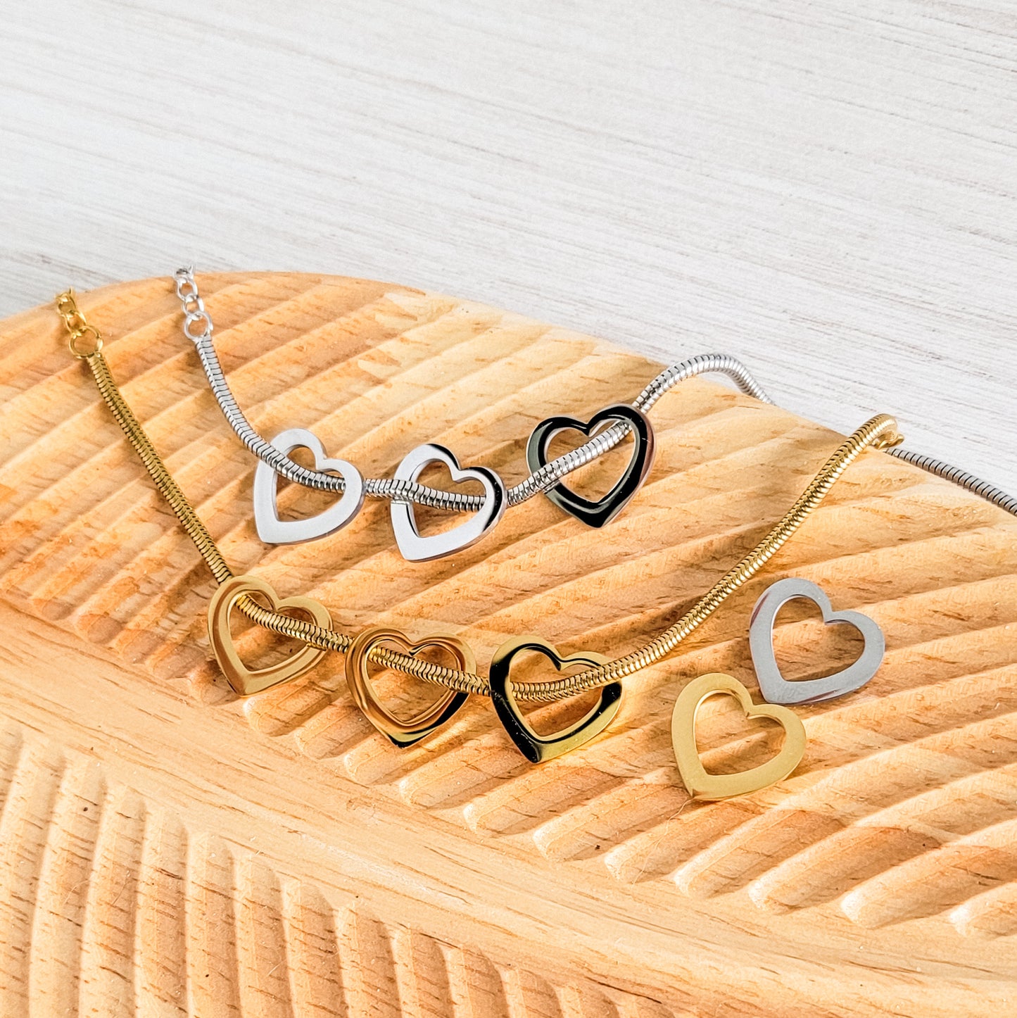 Open Heart Trio Snake Chain Bracelet (Choose Silver or Gold) and Optional Extra Hearts, Metal Blank #141
