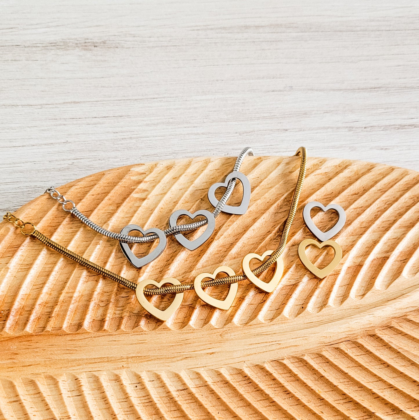 Open Heart Trio Snake Chain Bracelet (Choose Silver or Gold) and Optional Extra Hearts, Metal Blank #141