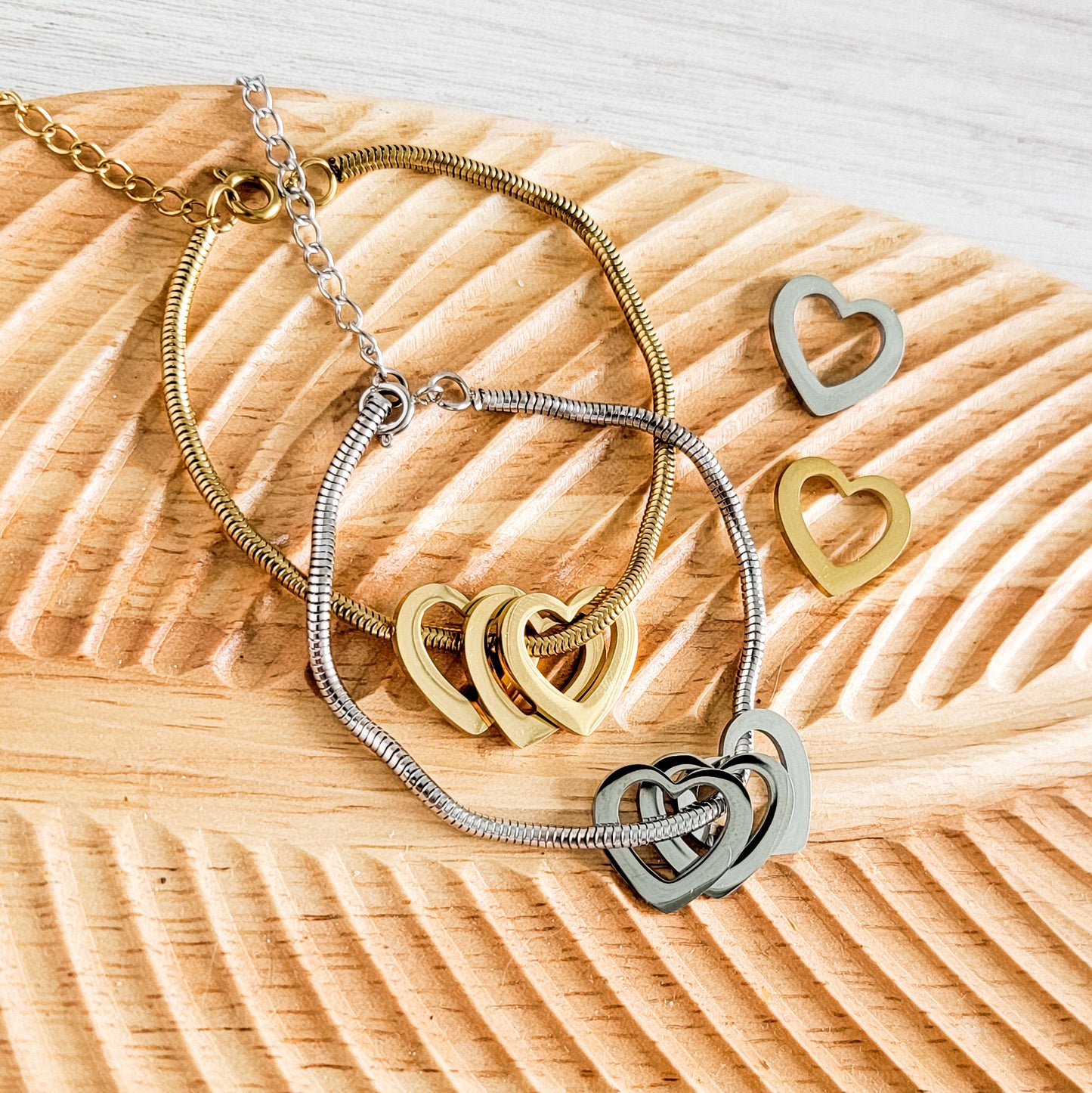 Open Heart Trio Snake Chain Bracelet (Choose Silver or Gold) and Optional Extra Hearts, Metal Blank #141