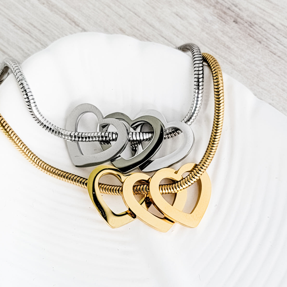 Open Heart Trio Snake Chain Bracelet (Choose Silver or Gold) and Optional Extra Hearts, Metal Blank #141