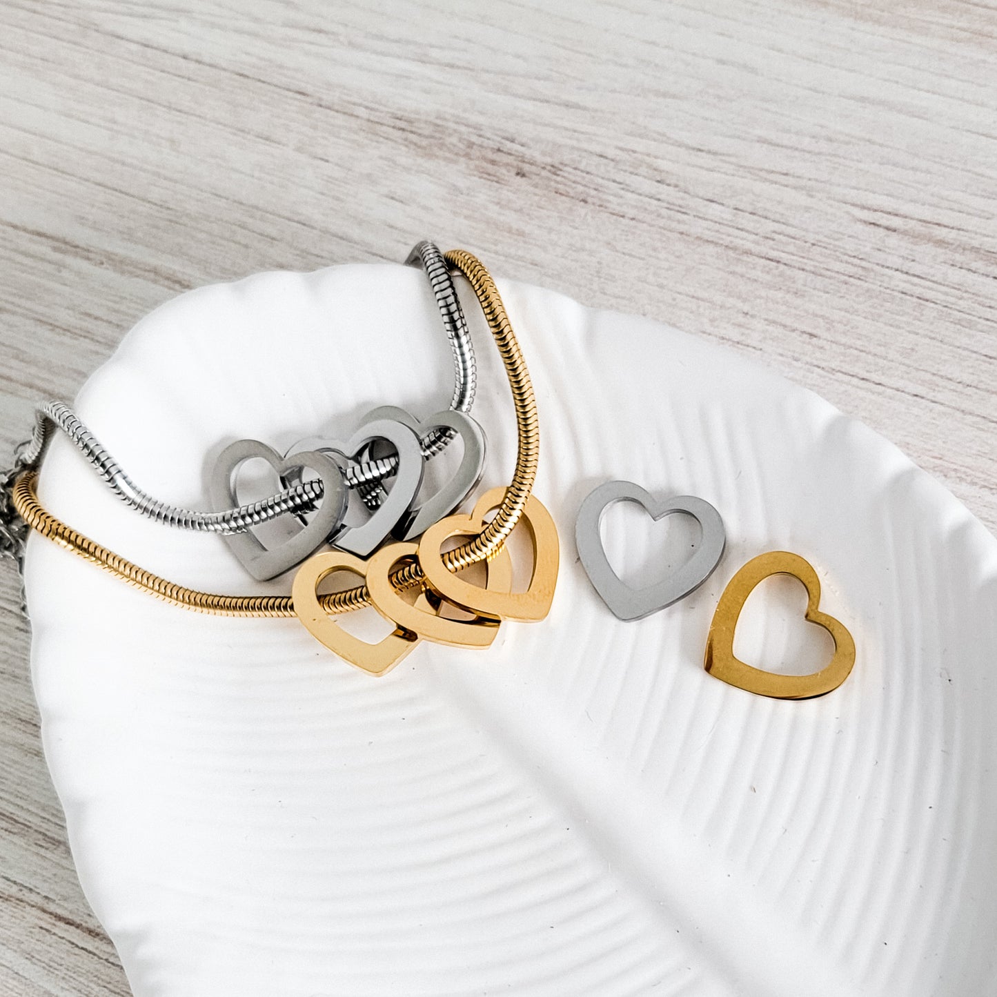 Open Heart Trio Snake Chain Bracelet (Choose Silver or Gold) and Optional Extra Hearts, Metal Blank #141