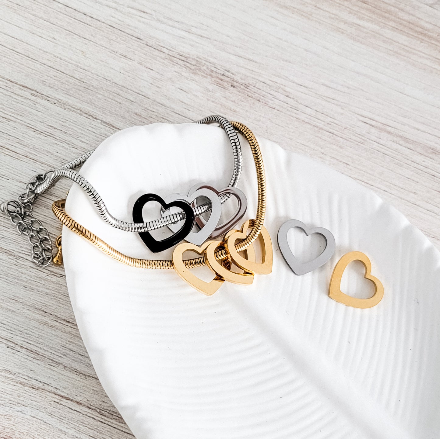 Open Heart Trio Snake Chain Bracelet (Choose Silver or Gold) and Optional Extra Hearts, Metal Blank #141