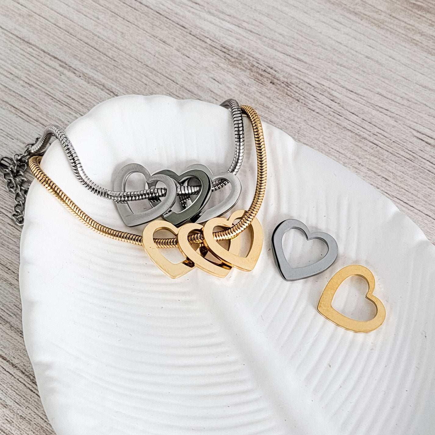 Open Heart Trio Snake Chain Bracelet (Choose Silver or Gold) and Optional Extra Hearts, Metal Blank #141