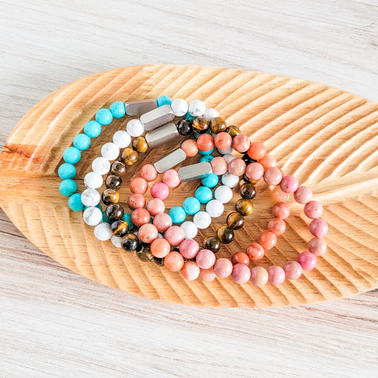 Beaded Stone Bracelet (Choose Turquoise, White Howlite, Tiger Eye, Pink Aventurine, or Rhodonite), 1 Total, Metal Blank #48
