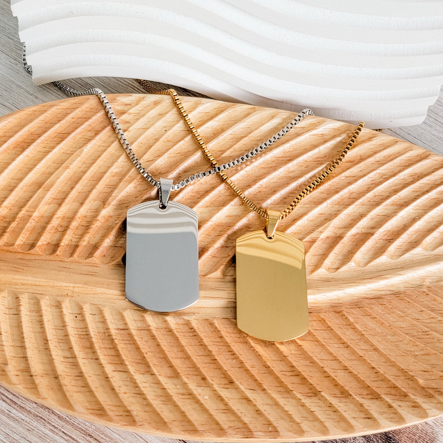 Dog Tag Box Chain Necklace (Silver or Gold), 1 Total, Metal Blank #139