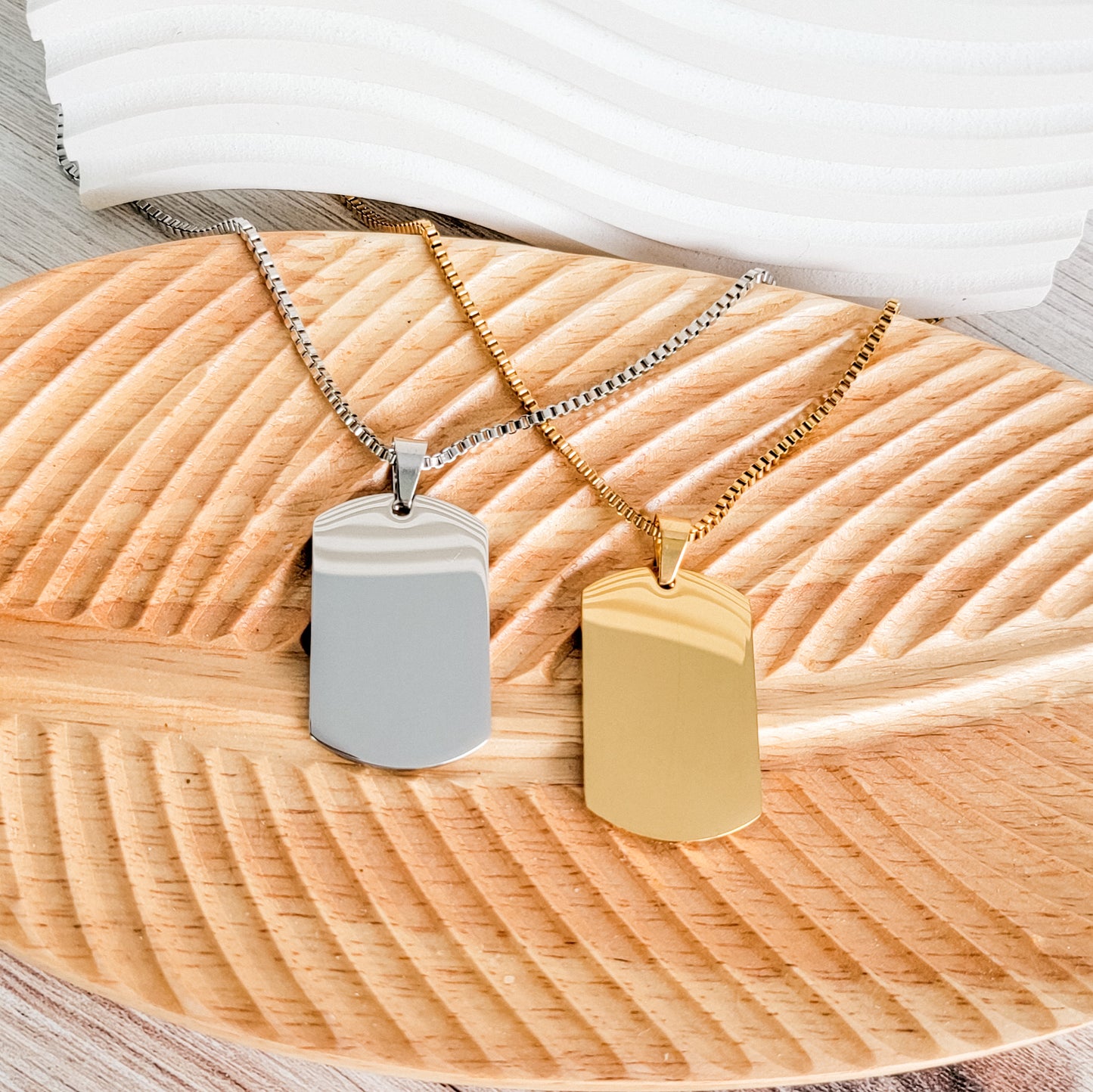 Dog Tag Box Chain Necklace (Silver or Gold), 1 Total, Metal Blank #139
