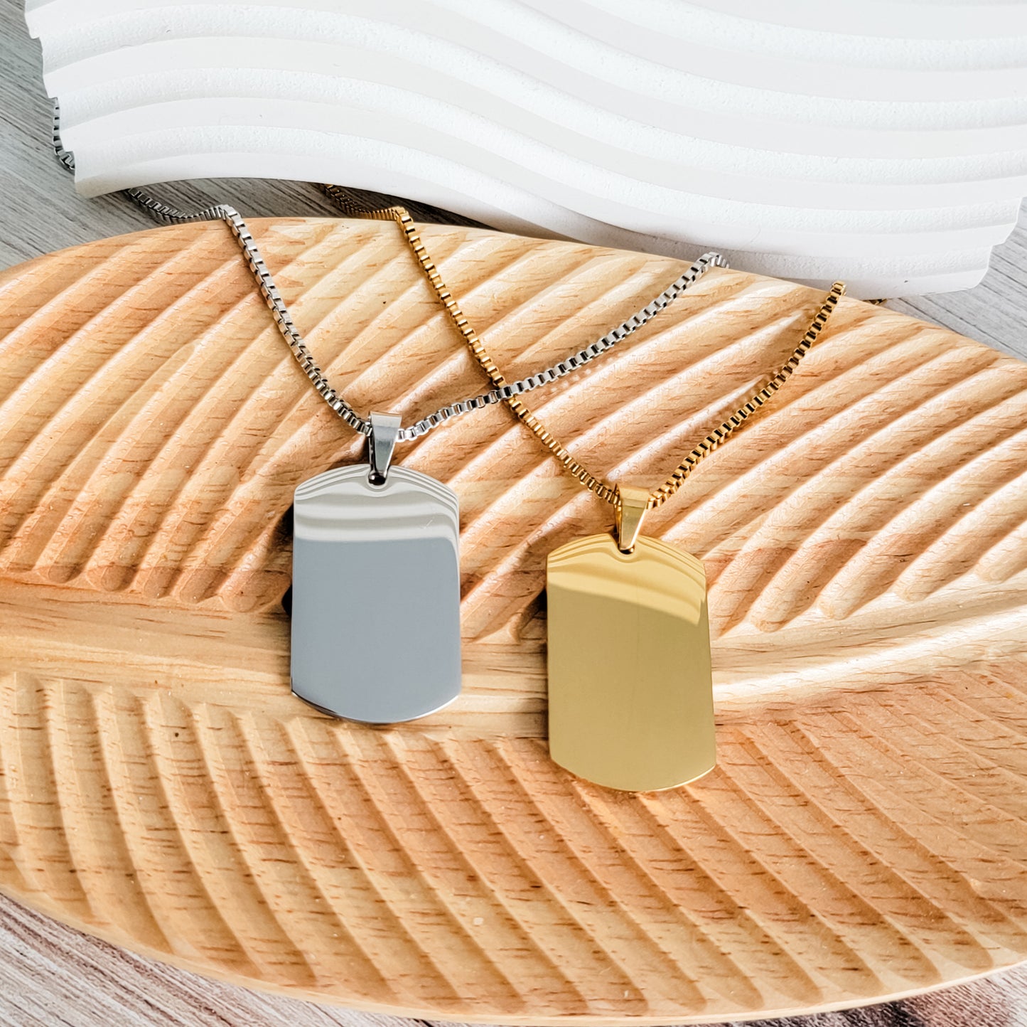 Dog Tag Box Chain Necklace (Silver or Gold), 1 Total, Metal Blank #139