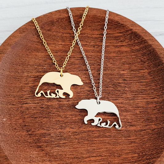 Bear & Cub Necklace (Silver or Gold), 1 Total, Metal Blank #169