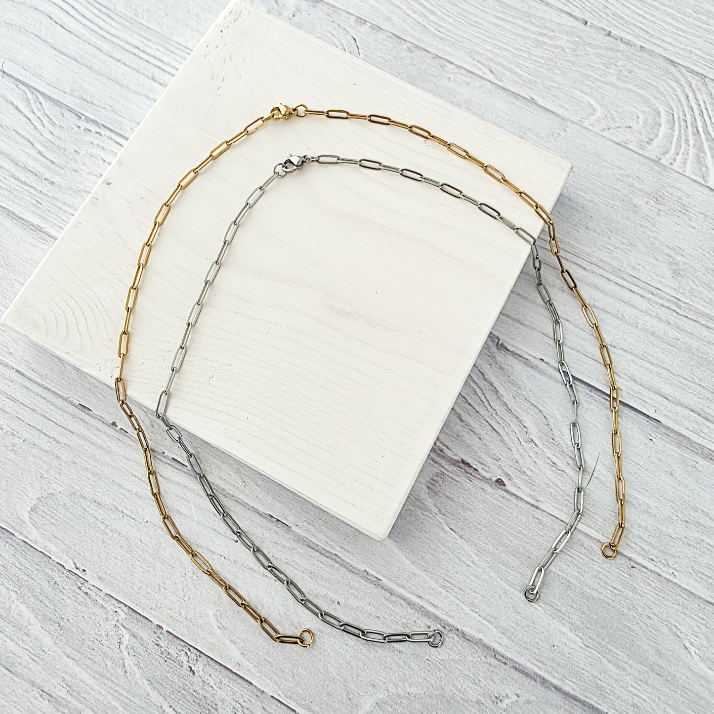 New Premium Split Necklace Paperclip Chain Finding (Silver or Gold Stainless Steel), Pack of 5, Chain #18
