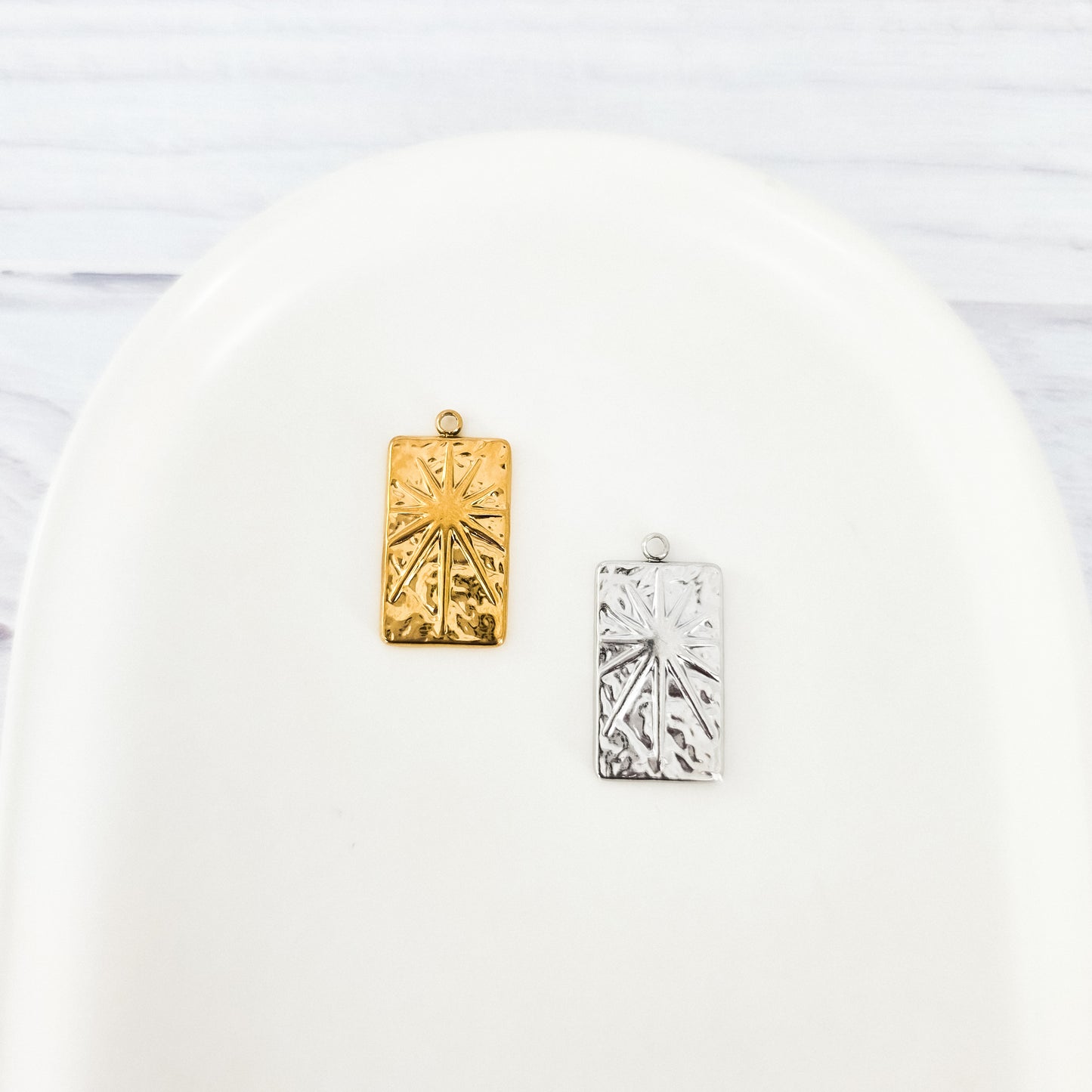 Medium Rectangle Sunburst Stainless Steel Charm (Silver or Gold), 10 Pieces, Charm #5