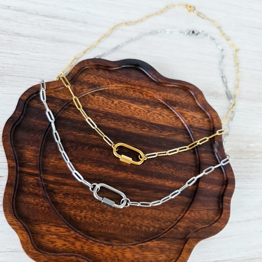 Oval Carabiner Paperclip Chain Necklace (Silver or Gold), 1 Total, Metal Blank #216