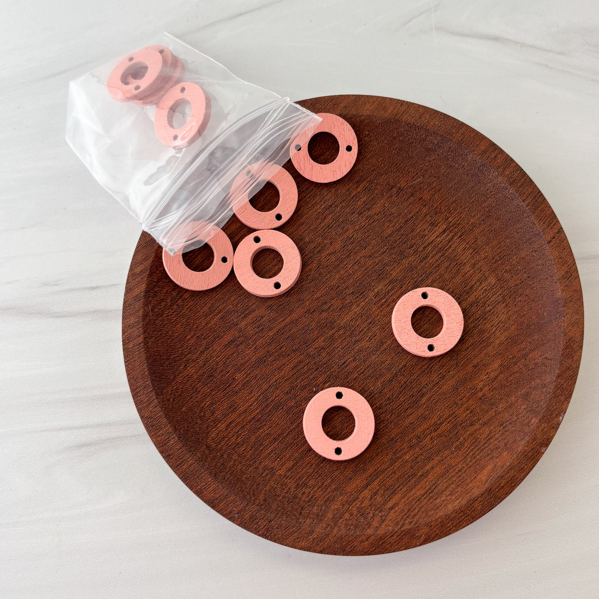 Light Pink Open Circle 2-Hole Wooden Connectors, 10 Pieces, Warehouse Event #52