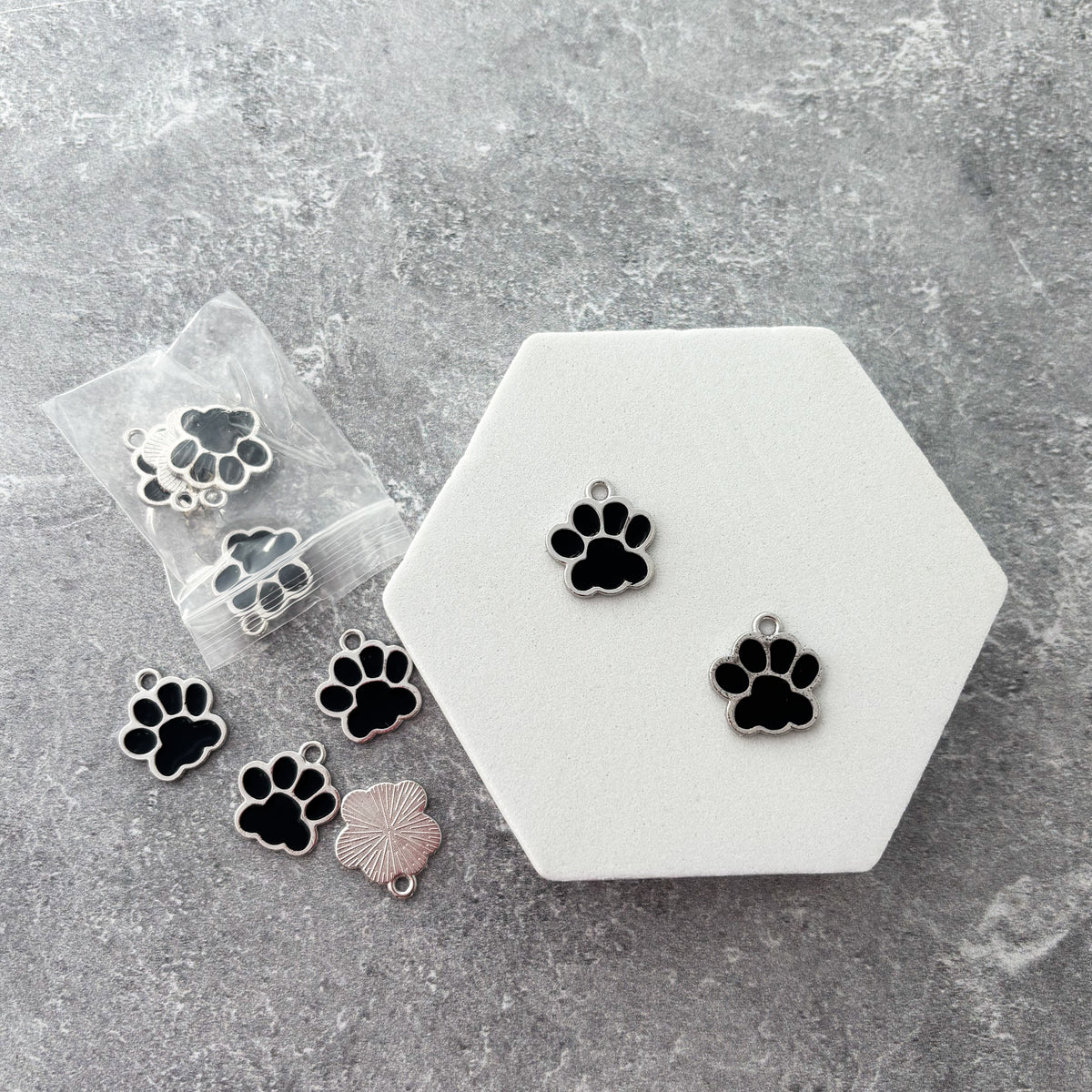 Black and Silver Paw Print Stainless Steel Charm, 10 Pieces, Warehouse Event #62