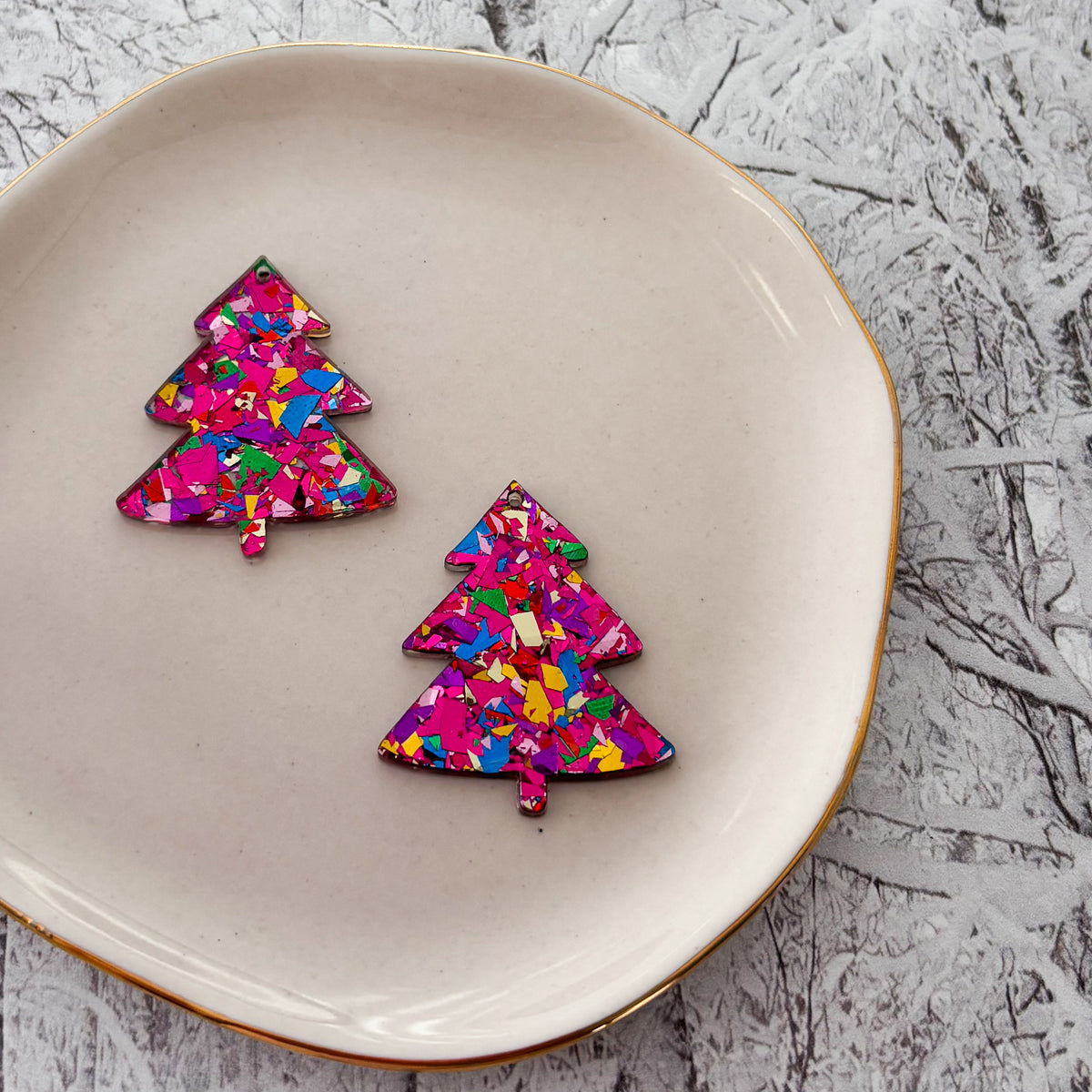 Pink Holiday Tree Confetti Acrylic Blanks (Pendant), 1 pair, Warehouse Event #64