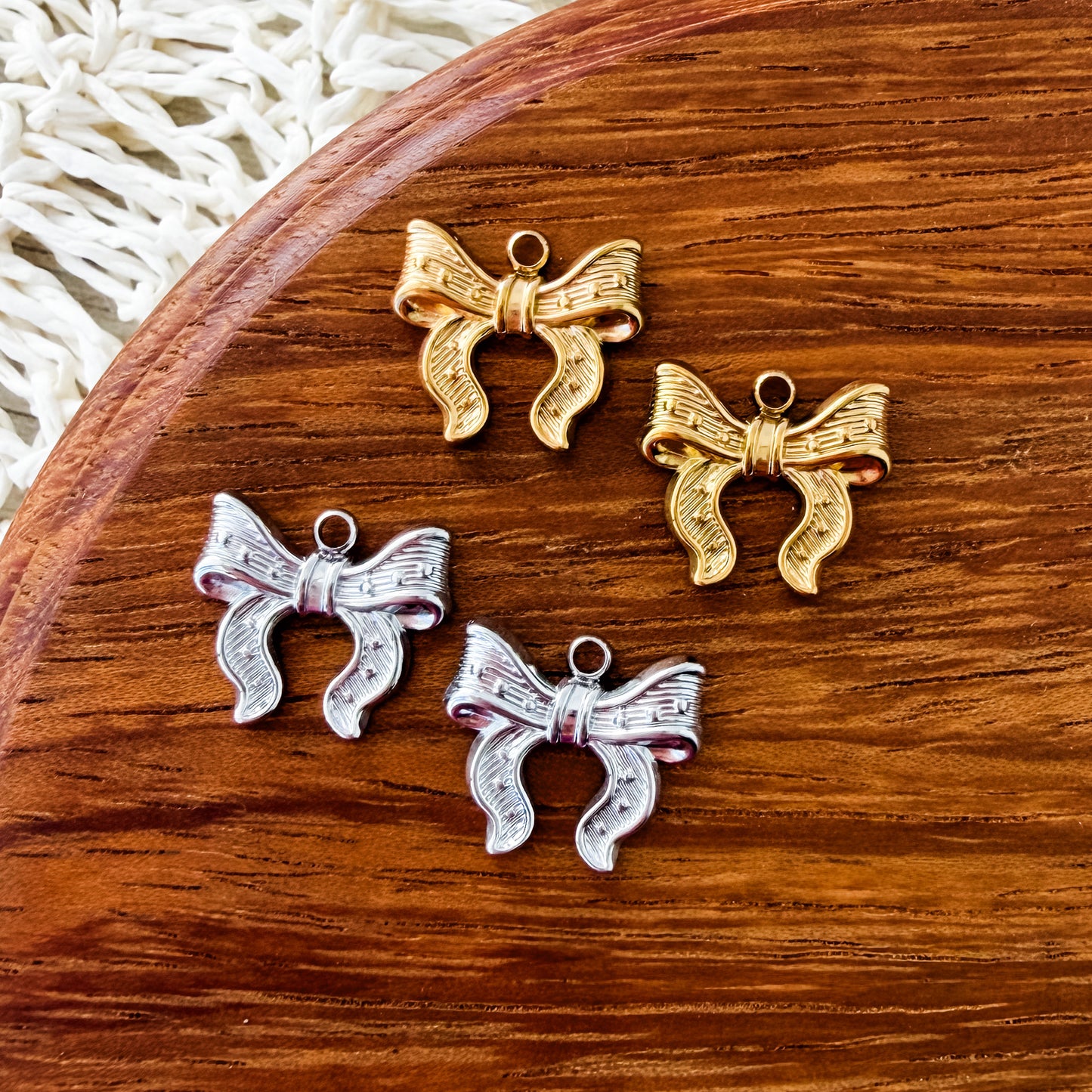 Small Ornate Bow Stainless Steel Charm (Silver or Gold), 10 Pieces, Bow #79