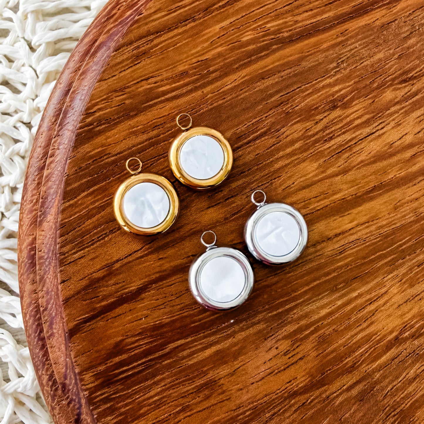 Pearlescent White Circle Stainless Steel Charm (Silver or Gold), 10 Pieces, Charm #7