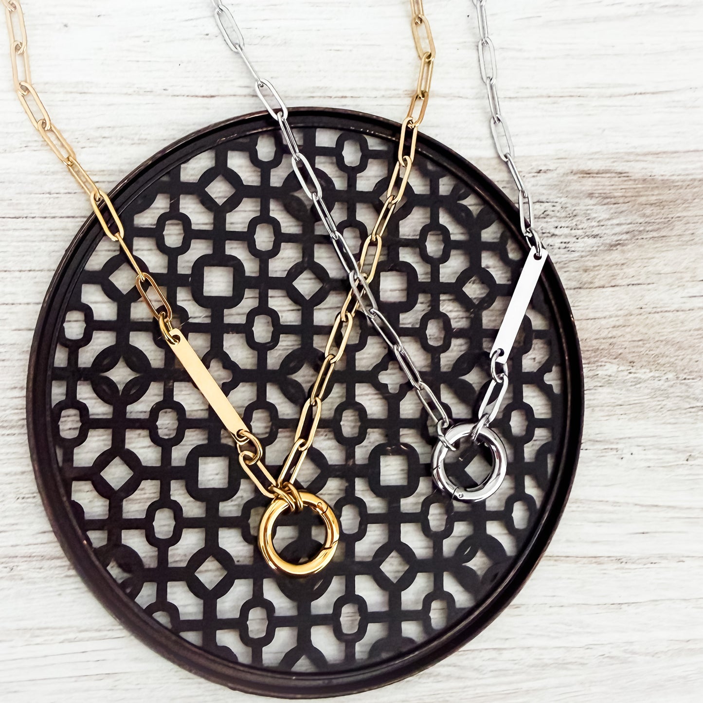 Charm Holder with Bar Paperclip Chain Necklace (Silver or Gold), 1 Total, Metal Blank #241