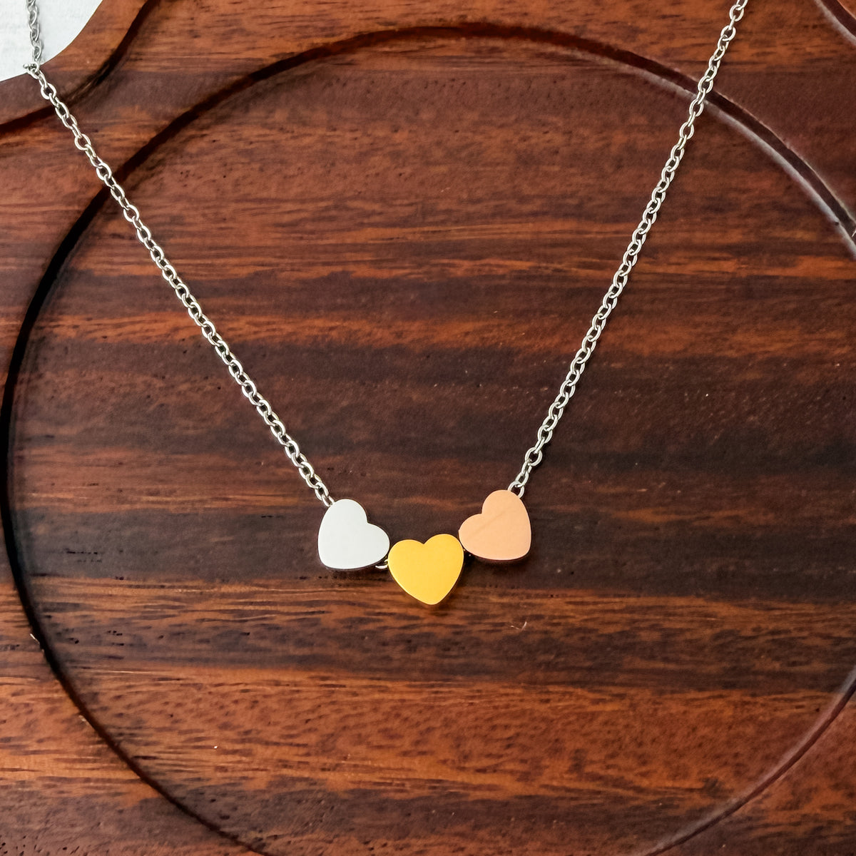Mixed Metal Heart Trio Necklace (Silver), 1 Total, Metal Blank #302