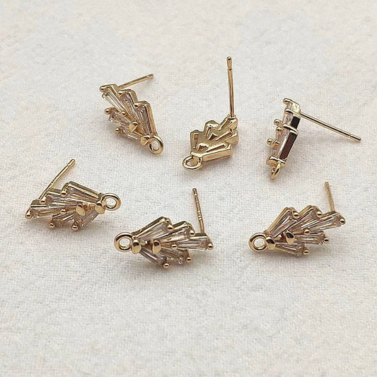 Gold Art Deco Style Cubic Zirconia Studs with Loops, 10 Pieces