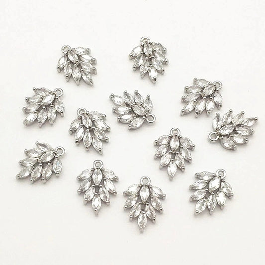Silver Feather Cubic Zirconia Charms, 10 Pieces