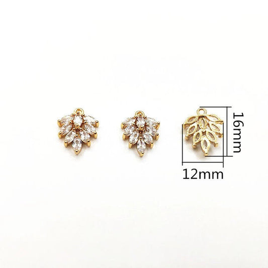 Gold Feather Cubic Zirconia Charms, 10 Pieces