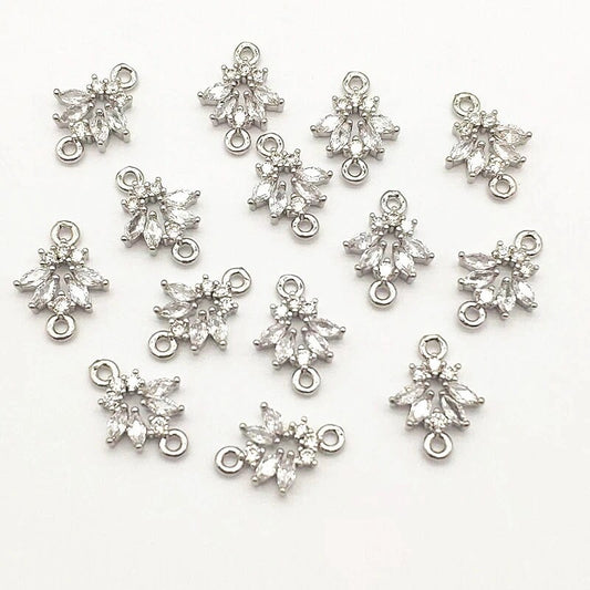 Silver Flower Cubic Zirconia 2-Hole Connectors, 10 Pieces