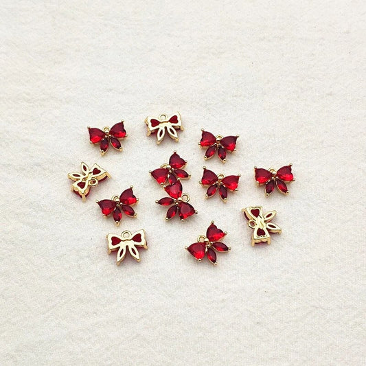 Red Cubic Zirconia Gold Bow Charms, 10 Pieces