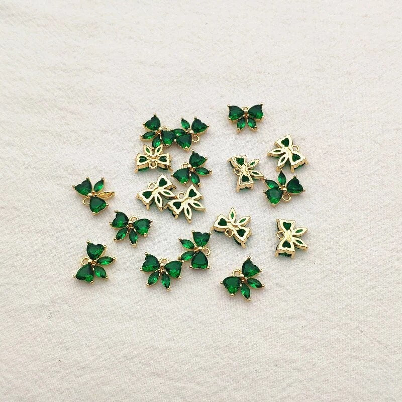 Green Cubic Zirconia Gold Bow Charms, 10 Pieces