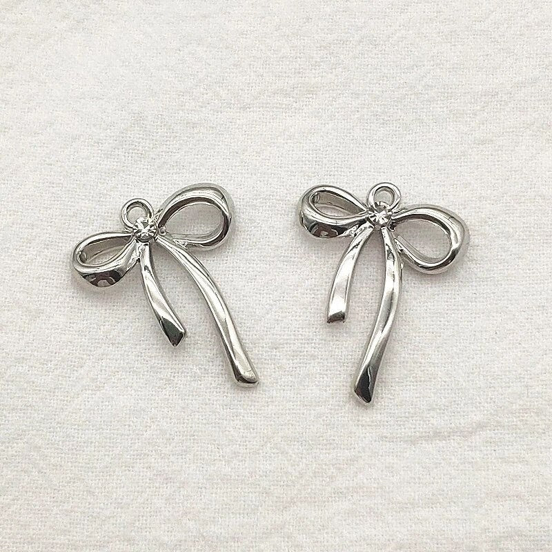 Silver Alloy Bow Pendant Charm, 10 Pieces