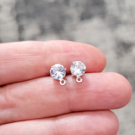 Round 6mm Cubic Zirconia Silver Studs with Loops, 10 Pieces