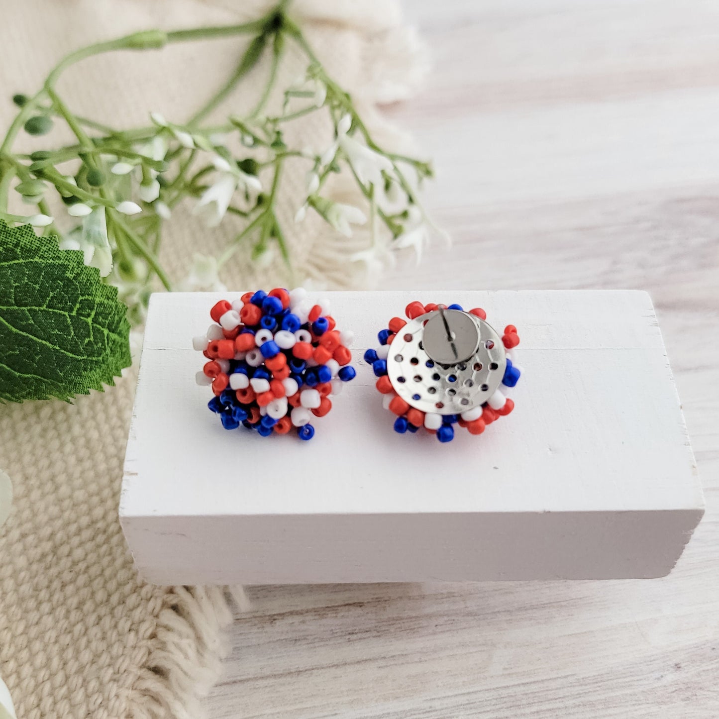 Red/White/Royal Blue Mix 15mm Small Seed Bead Topper, 1 Pair