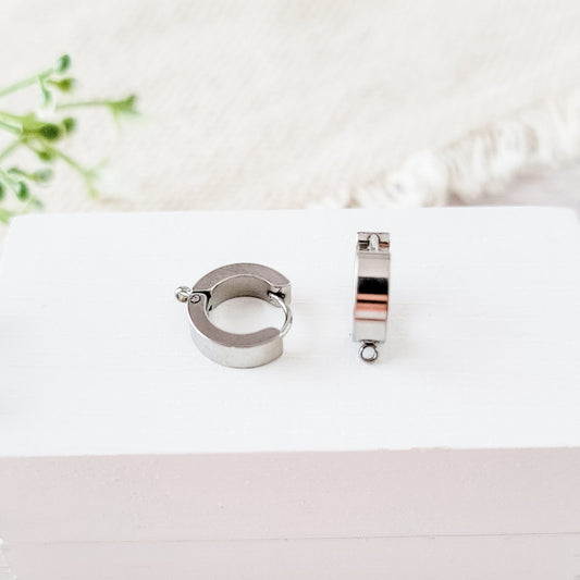 Silver Wide Stainless Steel Huggie with Perpendicular Loop, 10 Pieces