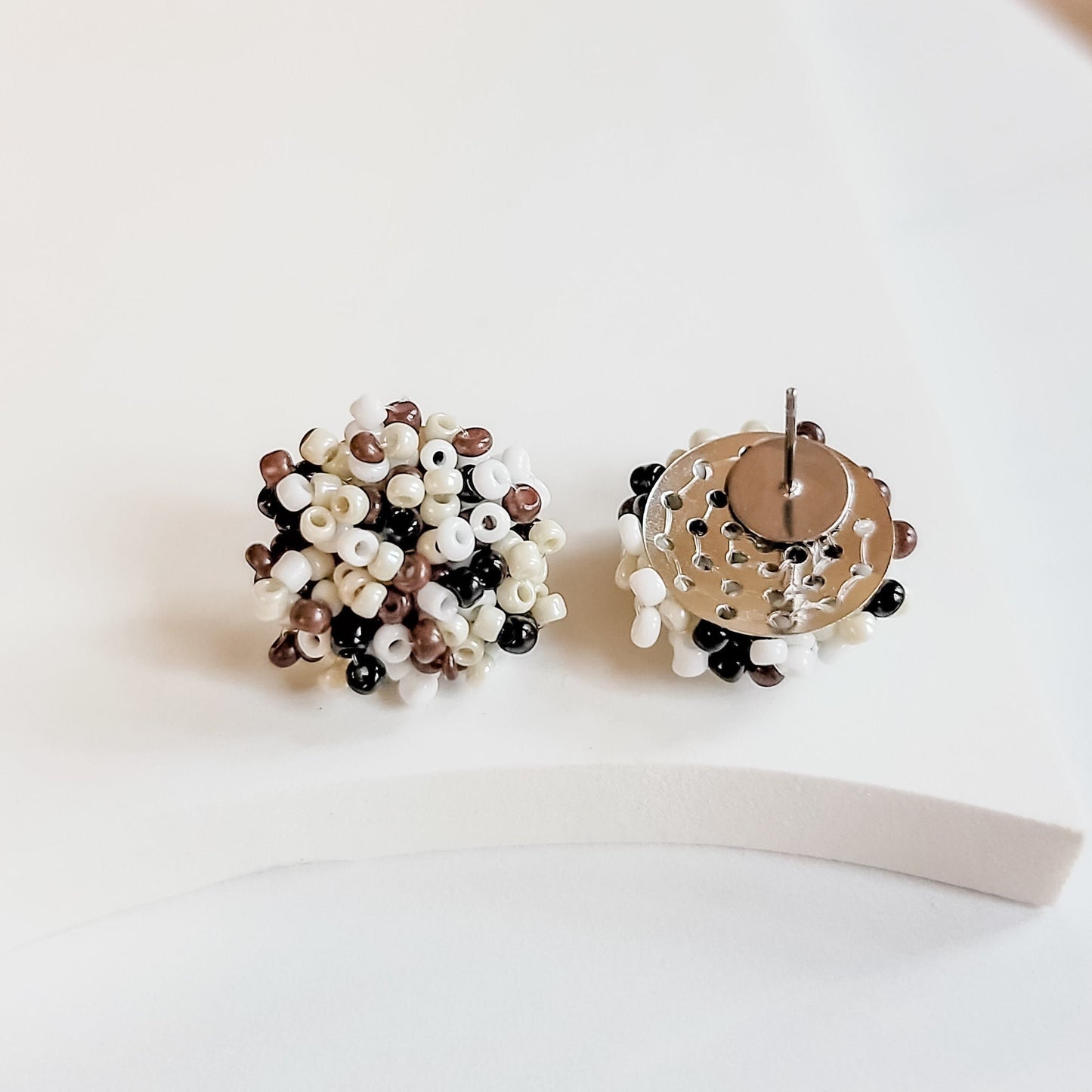 NEW - NEUTRAL MIX (White, Cream, Brown, and Black) 15mm Small Seed Bead Topper, 1 Pair, All Stainless Steel Stud, Leopard Animal Print