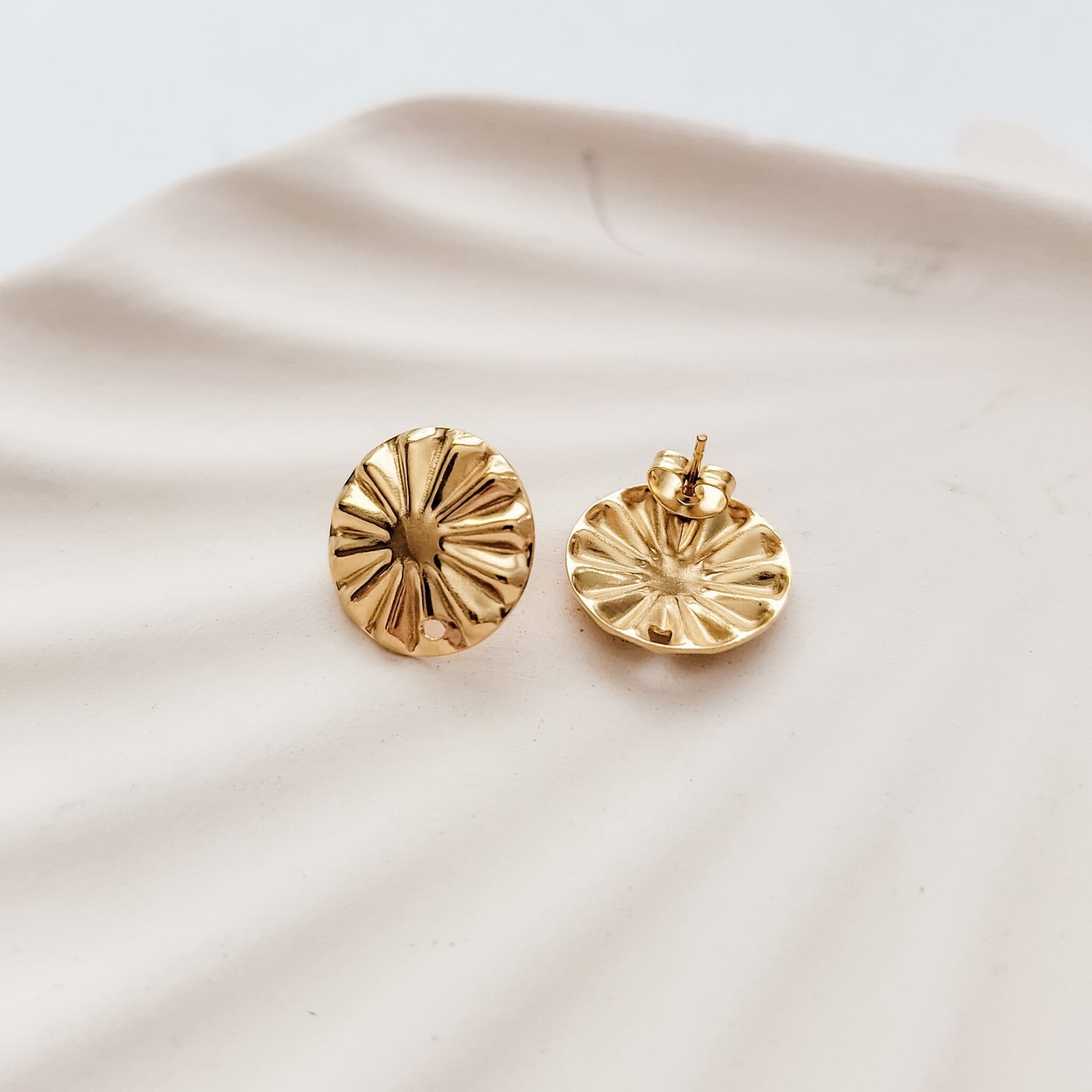 GOLD Starburst Circle Stud Connectors (17 mm), Round Wood Post Earring Connector, One Hole Circle Stainless Steel Post Finding
