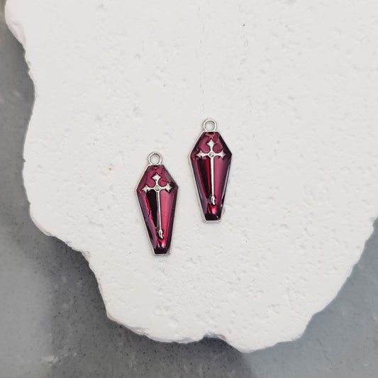 Silver & Maroon Coffin Enamel and Alloy Pendant Charm, 10 Pieces