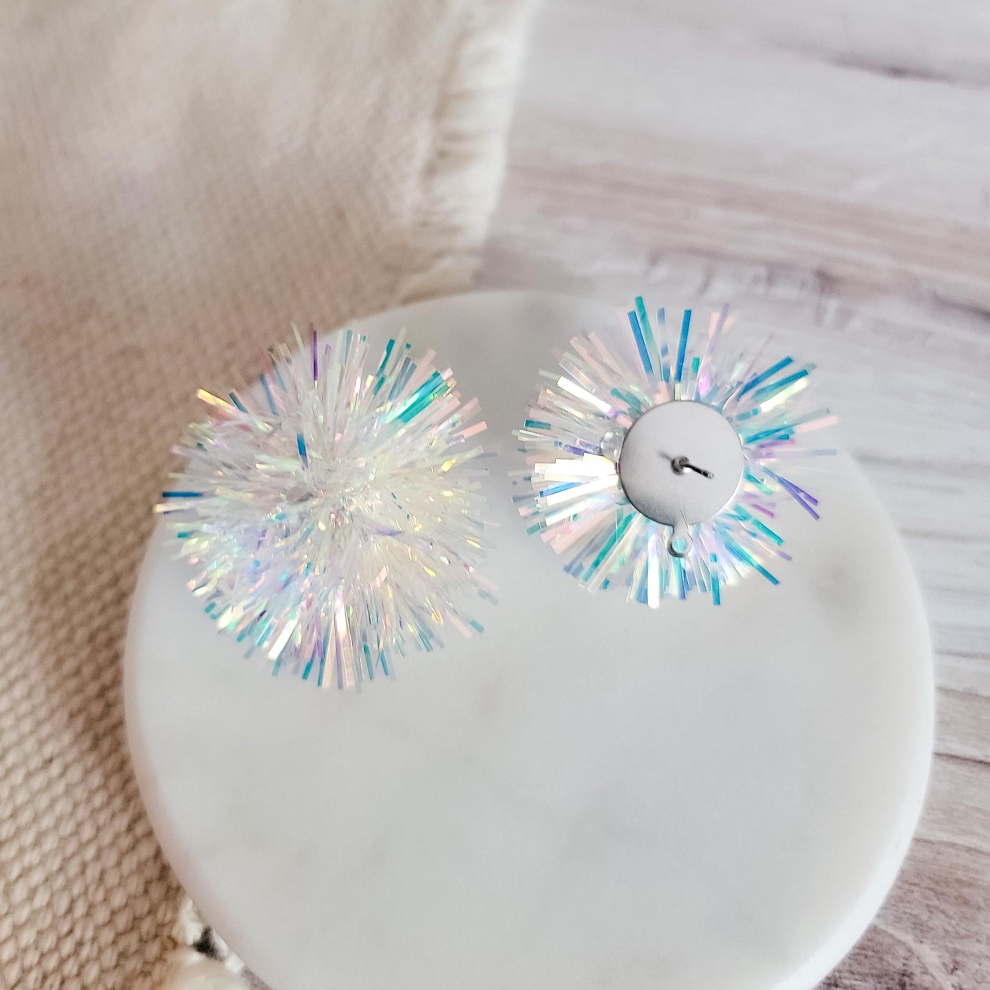 Iridescent White Tinsel 30mm Large Stud Topper, 1 Pair