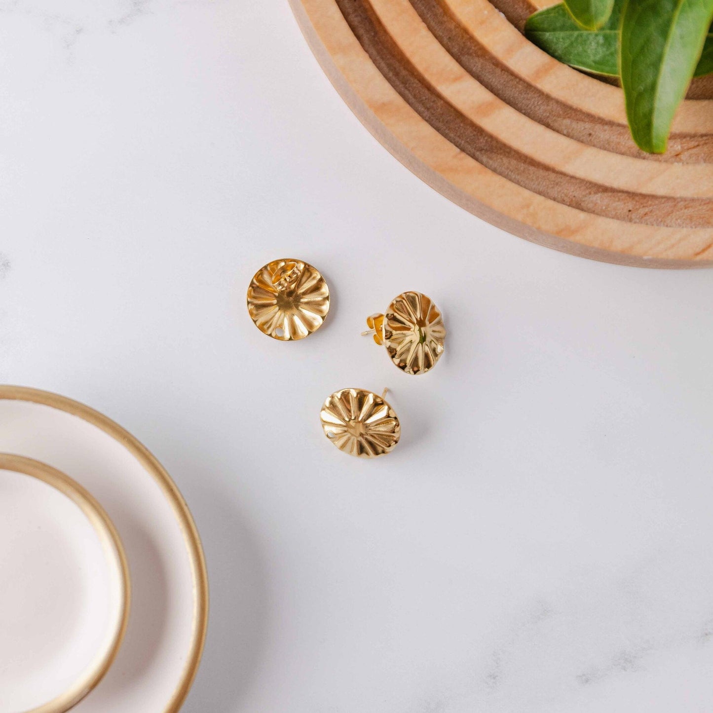 GOLD Starburst Circle Stud Connectors (17 mm), Round Wood Post Earring Connector, One Hole Circle Stainless Steel Post Finding