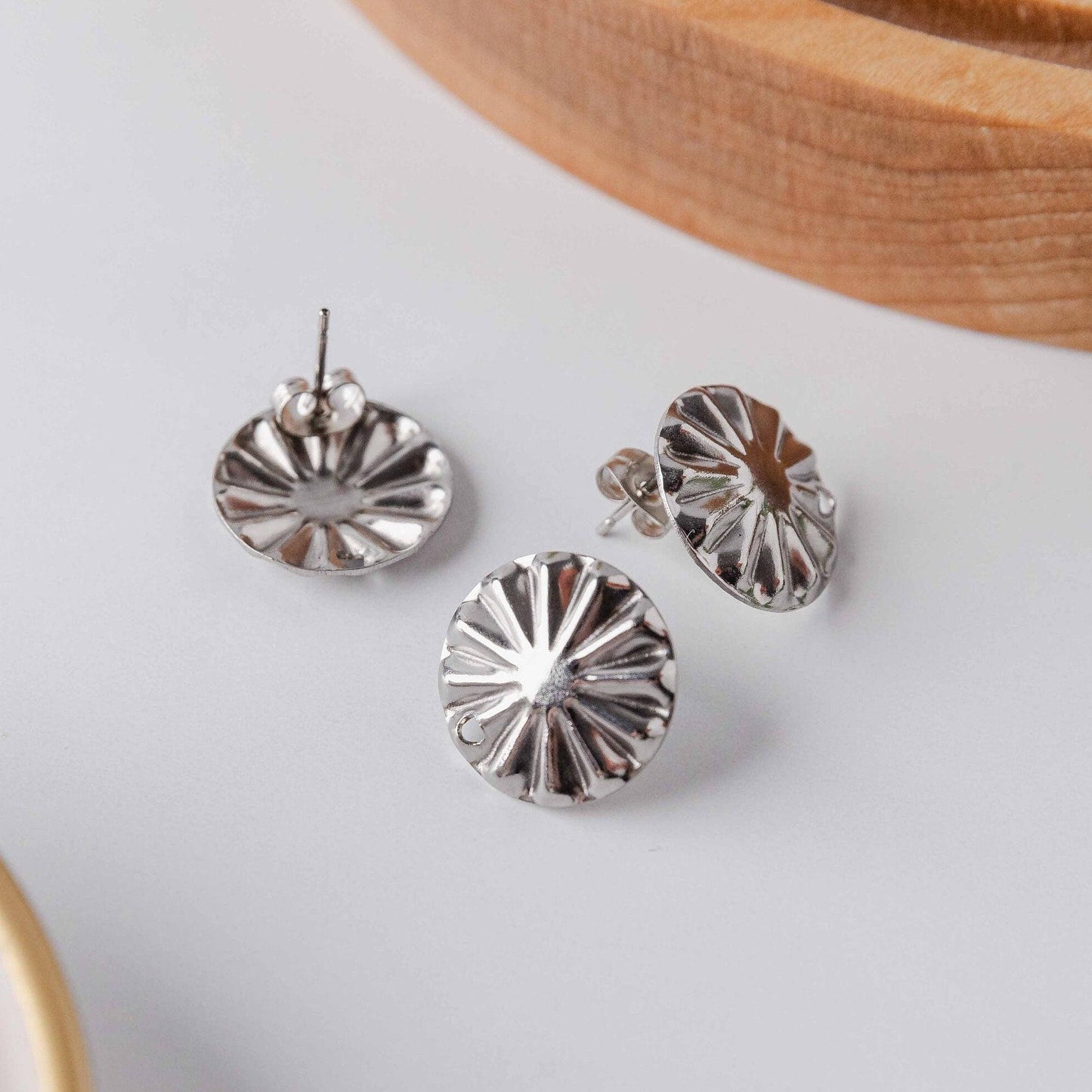 SILVER Starburst Circle Stud Connectors (17 mm), Round Wood Post Earring Connector, One Hole Circle Stainless Steel Post Finding