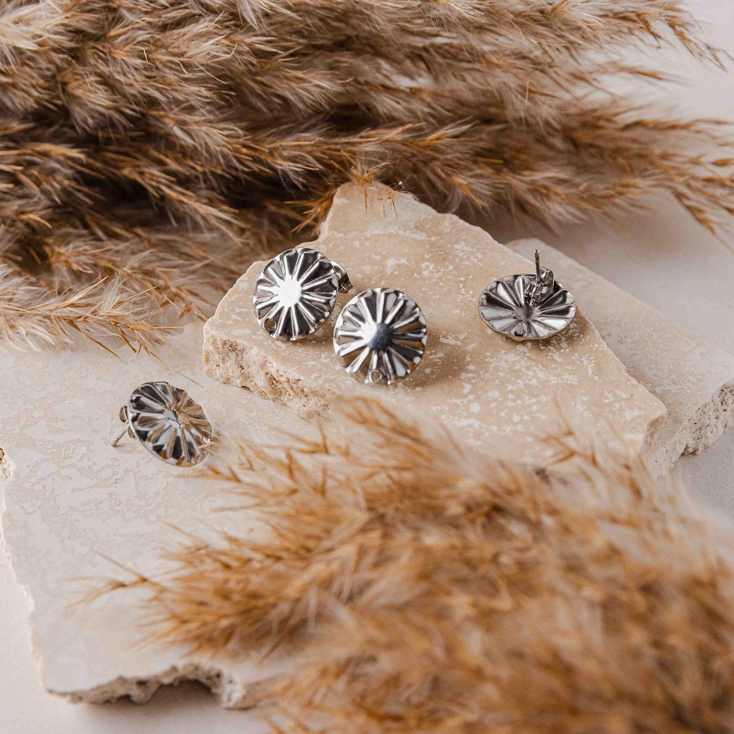 SILVER Starburst Circle Stud Connectors (17 mm), Round Wood Post Earring Connector, One Hole Circle Stainless Steel Post Finding