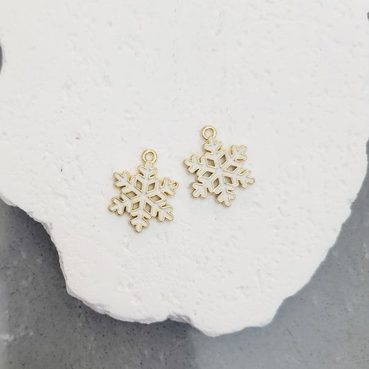 Gold and White Snowflake Enamel and Alloy Pendant Charm, 10 Pieces