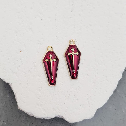 Gold & Maroon Coffin Enamel and Alloy Pendant Charm, 10 Pieces