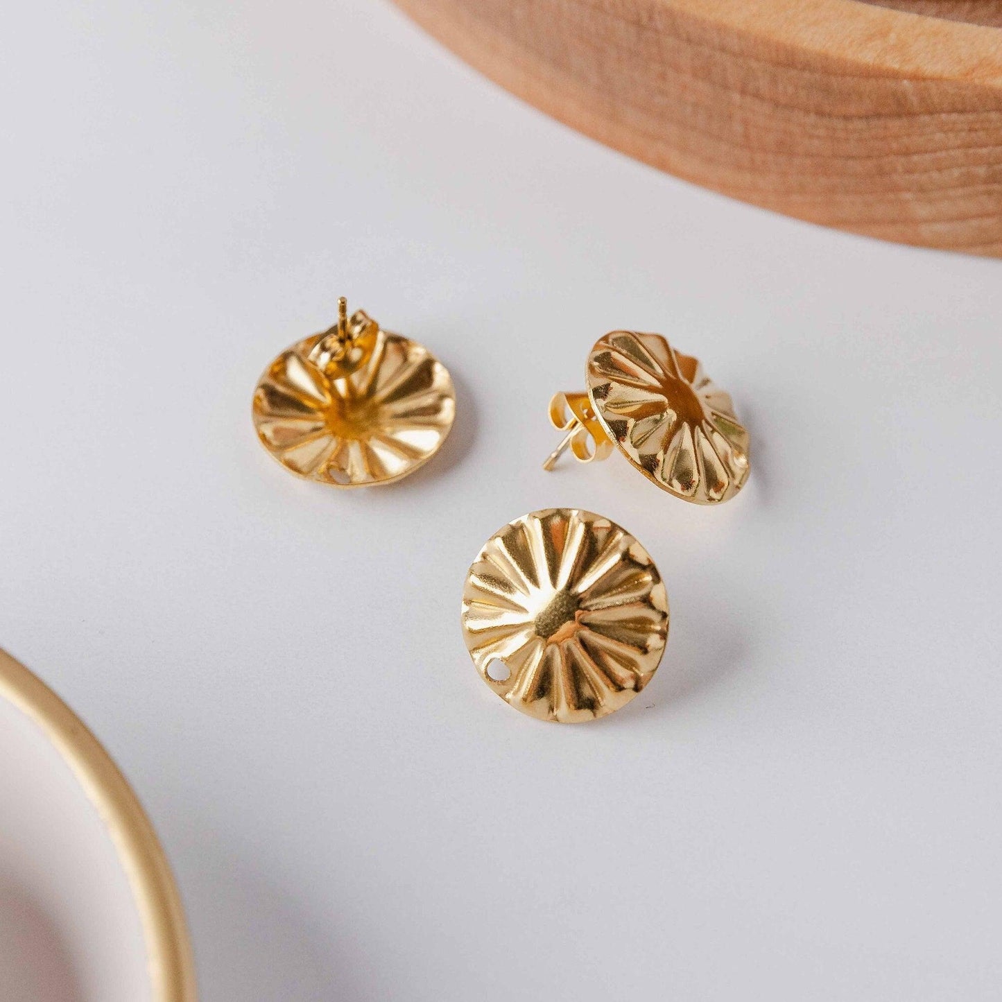 GOLD Starburst Circle Stud Connectors (17 mm), Round Wood Post Earring Connector, One Hole Circle Stainless Steel Post Finding