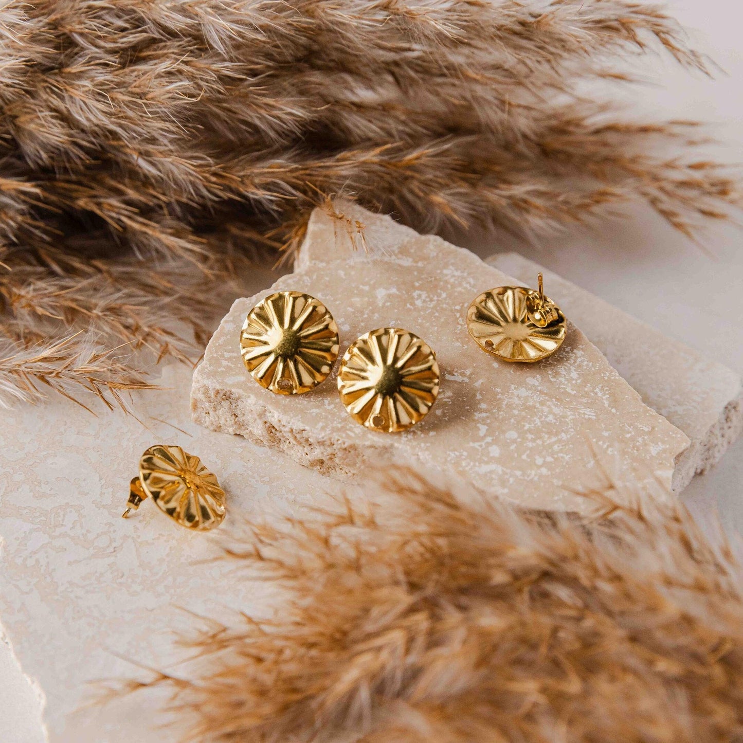 GOLD Starburst Circle Stud Connectors (17 mm), Round Wood Post Earring Connector, One Hole Circle Stainless Steel Post Finding