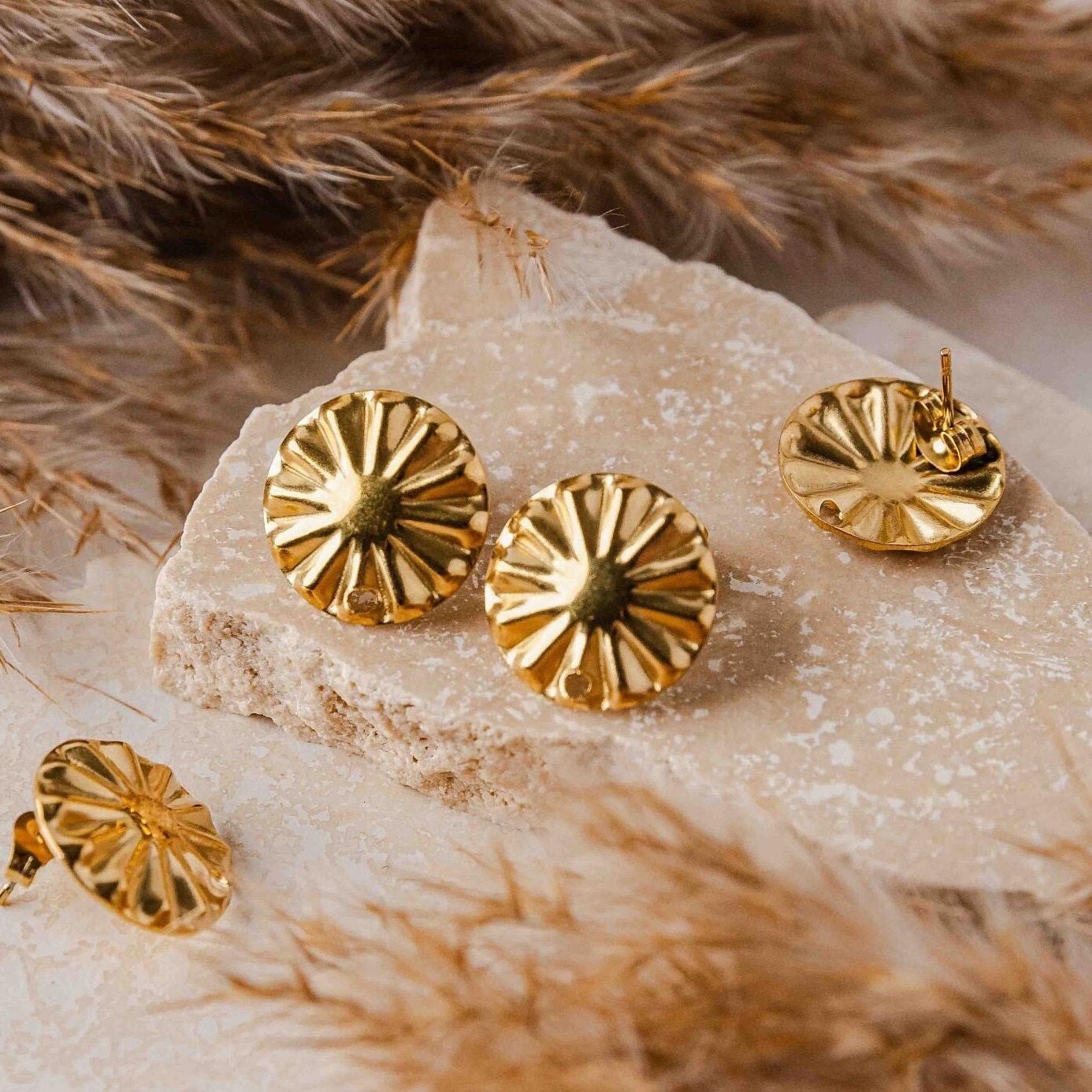 GOLD Starburst Circle Stud Connectors (17 mm), Round Wood Post Earring Connector, One Hole Circle Stainless Steel Post Finding