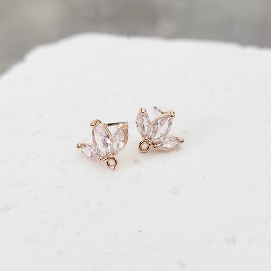 Gold Half Flower Cubic Zirconia Studs with Loops, 10 Pieces