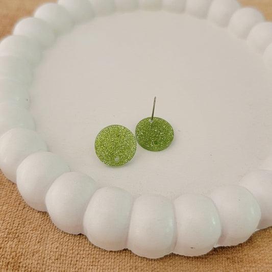 Glitter Light Green Acrylic Circle Stud Earring (14mm), 10 Pieces, Acrylic Stud #48