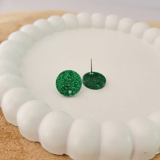 Glitter Emerald Green Acrylic Circle Stud Earring (14mm), 10 Pieces, Acrylic Stud #46