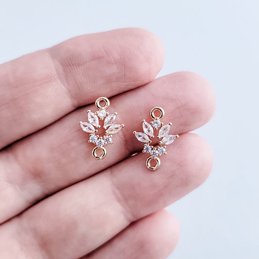 Gold Flower Cubic Zirconia 2-Hole Connectors, 10 Pieces